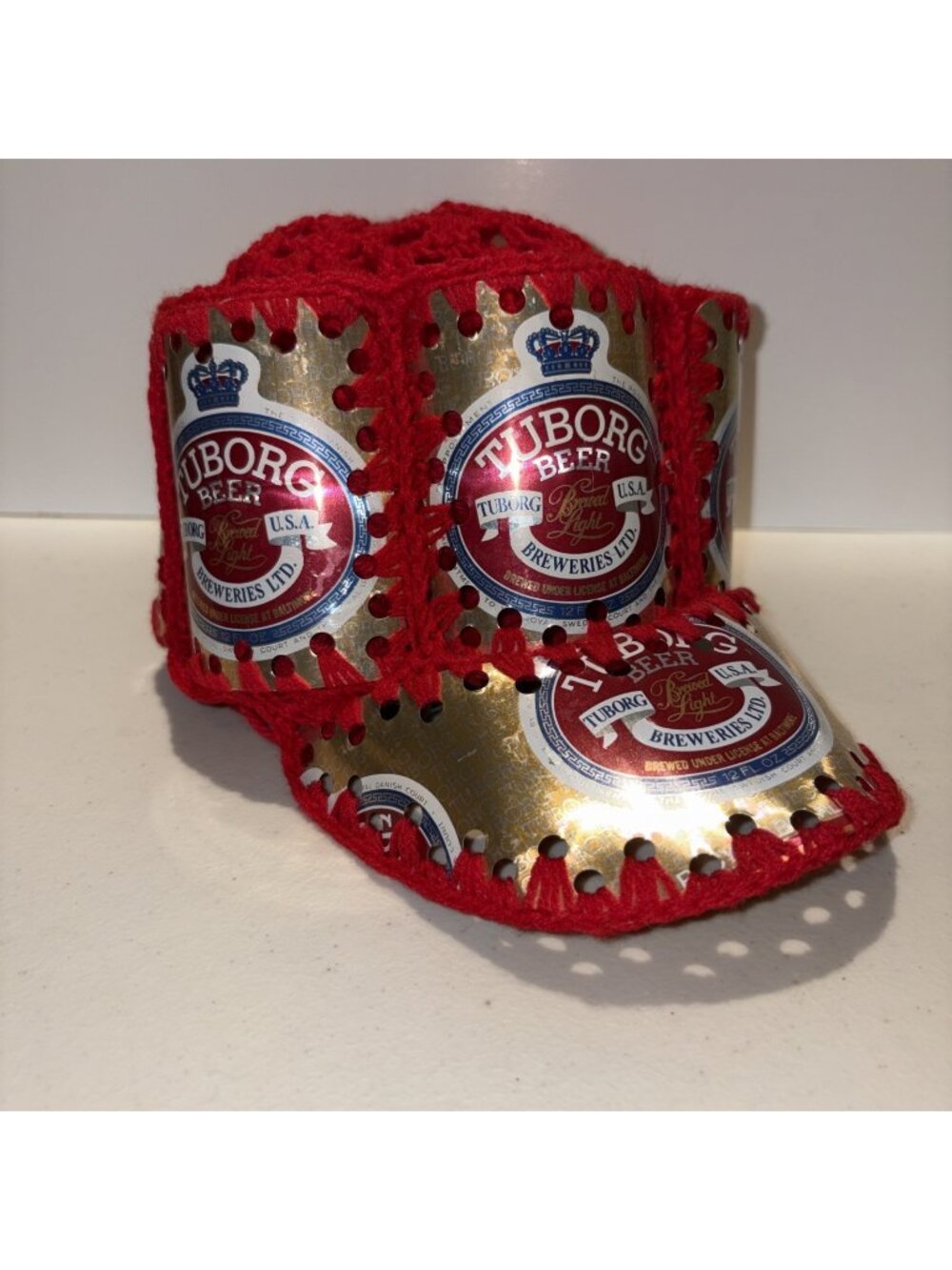 Vintage Tuborg Beer Can Hat Crocheted Red Handmade 70s Party Cap